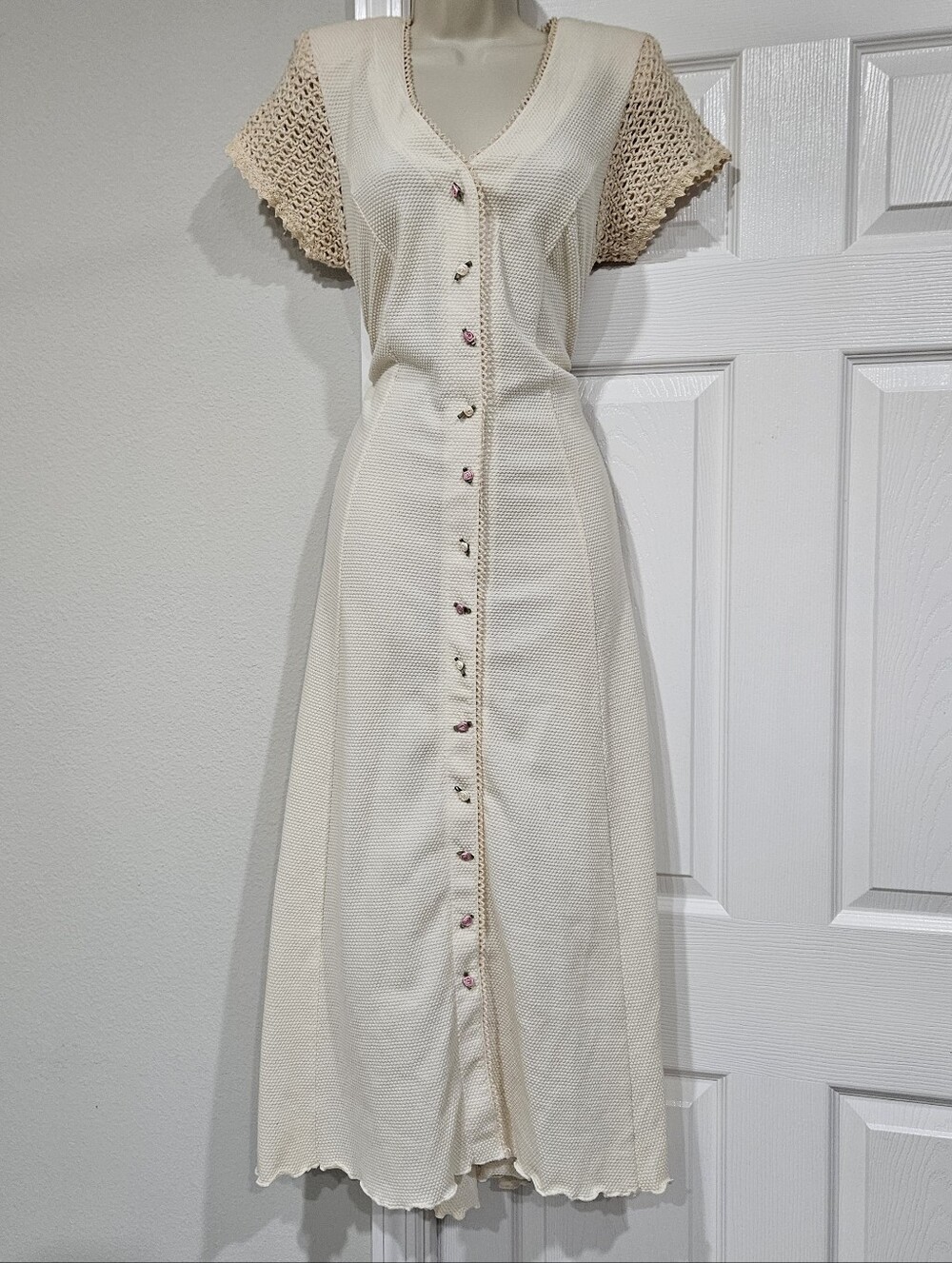 Cream Button-Front Knit Dress with Crochet Sleeves